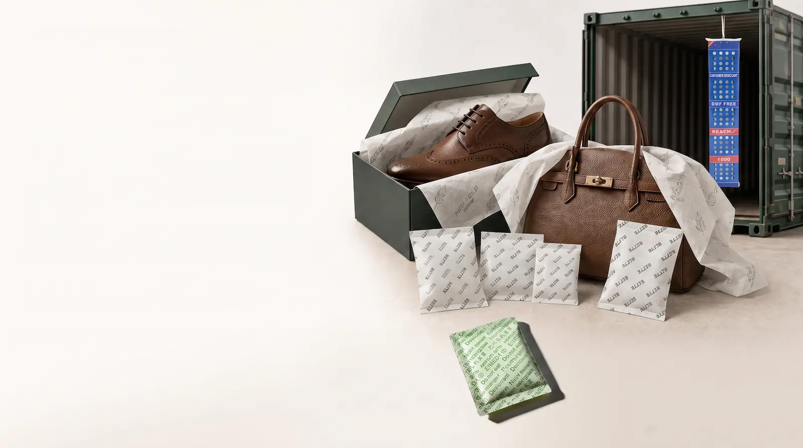 Simeda footwear anti-mold paper, desiccants, and container dry pole in ocean shipping container