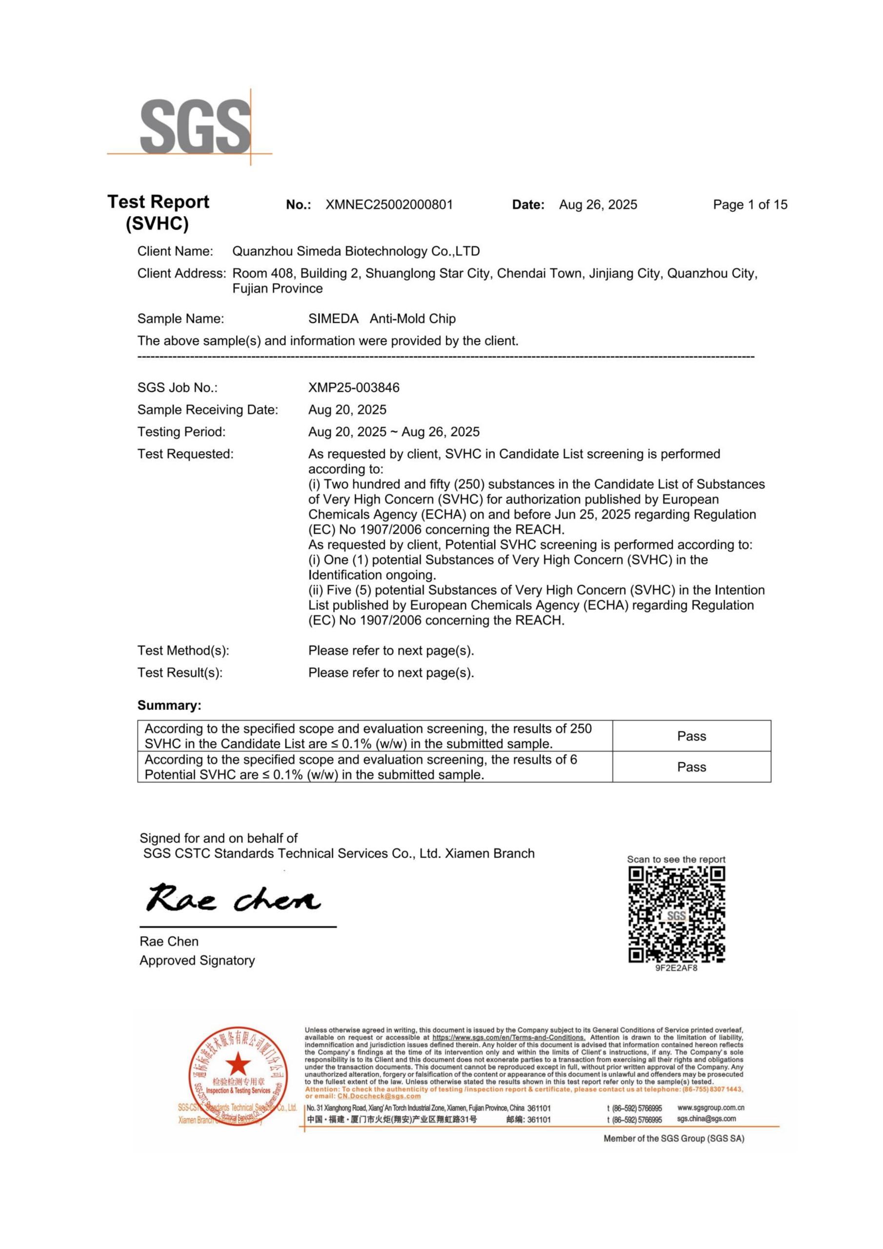 SGS REACH SVHC Certification for Simeda Anti-Mold Products