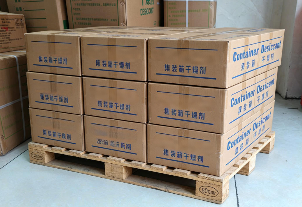 Palletized cartons of Simeda desiccants stored in warehouse ready for export shipping